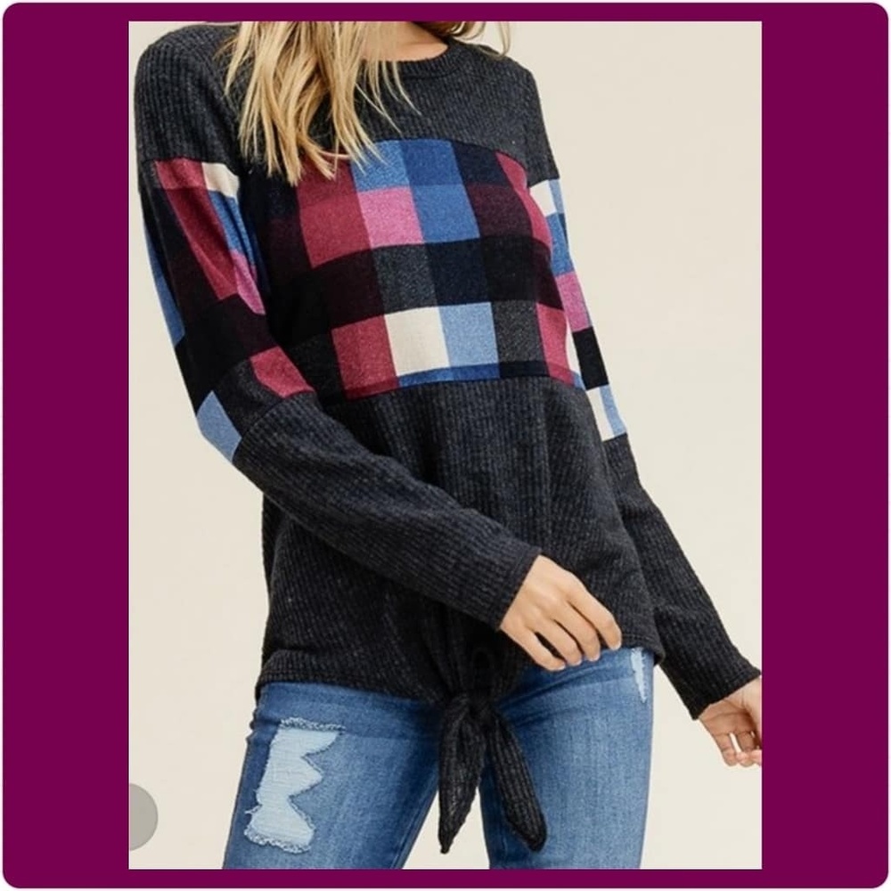 Charcoal Top with Blue Burgundy Plaid